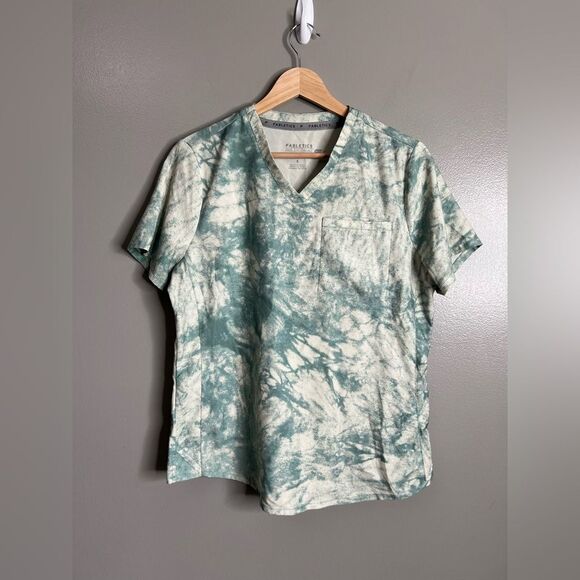 4/$25 Fabletics sage green tie dye scrub top small V neckline pocket medical - Picture 3 of 6